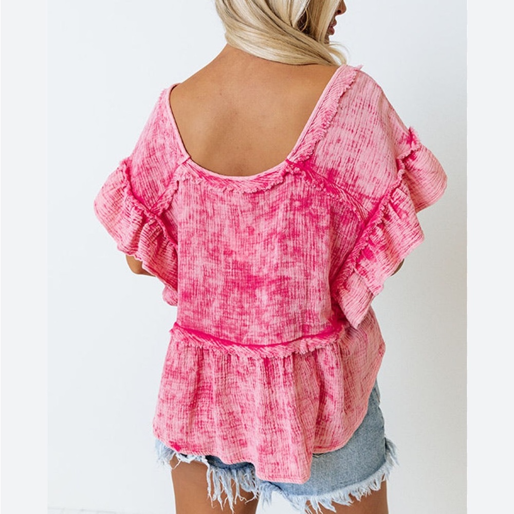Bibi | Mineral Wash Gauze Ruffle Blouse Deep Square Neck Hot Pink Raw Frayed - Picture 8 of 14